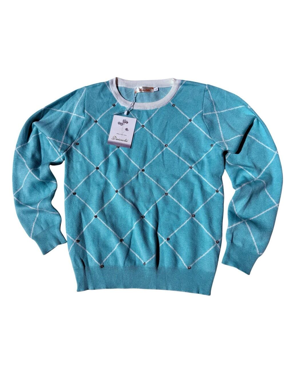 NWT Y2K Daixeolii Turquoise Argyle Sweater w/‎ Rhinestone Embellishments  Size S